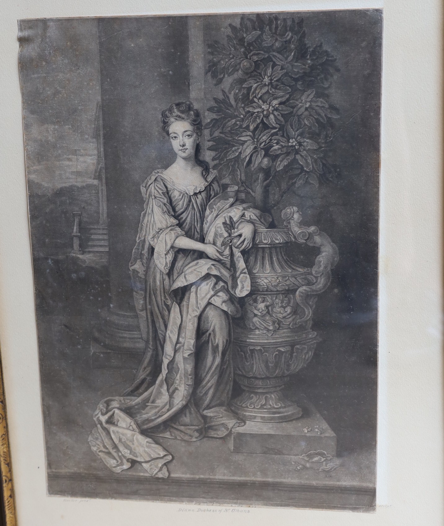 Two 18th century engravings of the Duke of Marlborough, after vander Werf, 63.5 cm x 42cm, and The Lord Aubrey Beauclerk engraved by G. Vertue, a lithograph of Charles II and a photogravure of Diana Duchess of St Albans